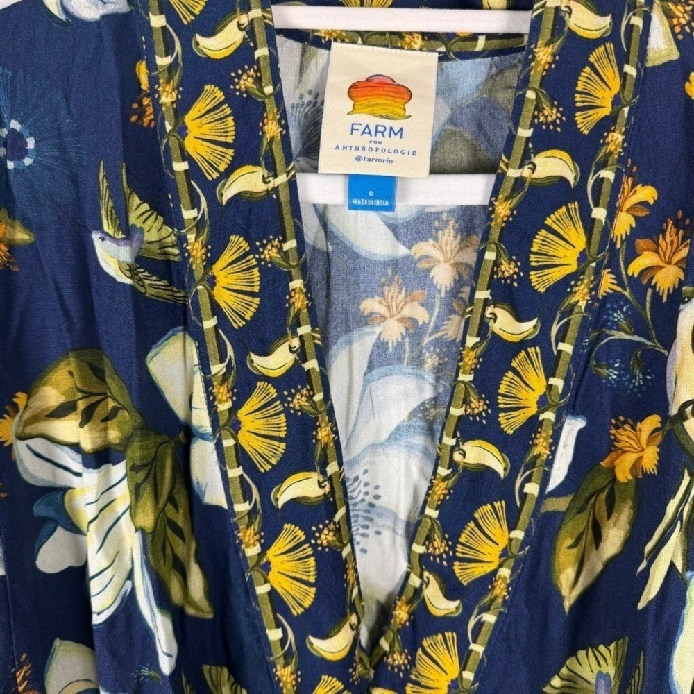 Farm Rio Anthropologie Blue Floral Hummingbird Jumpsuit Sleeveless Small 278875